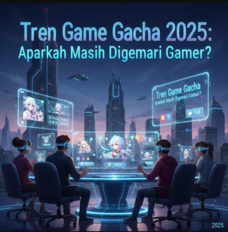 Ilustrasi karakter game gacha 2025 dengan animasi summon berwarna neon dan efek visual futuristik.