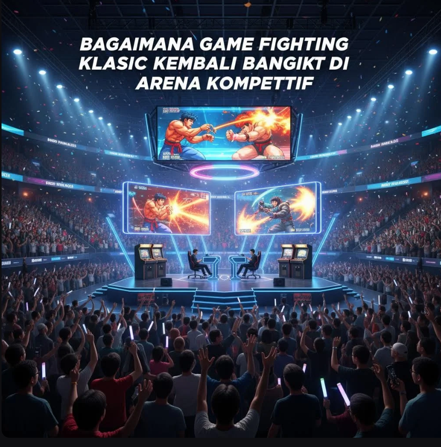 Ilustrasi karakter game fighting klasik bertarung di arena kompetitif modern dengan suasana retro.