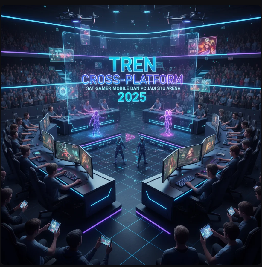 Ilustrasi gamer mobile dan PC bermain bersama dalam dunia virtual yang saling terhubung.