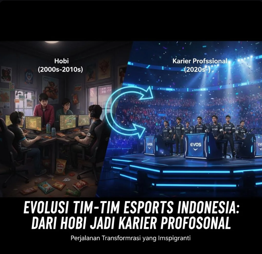 Tim esports Indonesia sedang bertanding di panggung turnamen dengan pencahayaan dramatis.