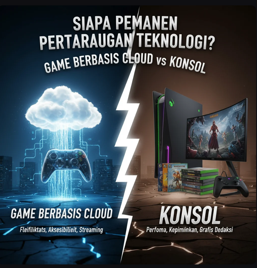 Ilustrasi perbandingan antara cloud gaming dan konsol dengan dua sisi layar menampilkan server cloud dan perangkat game.