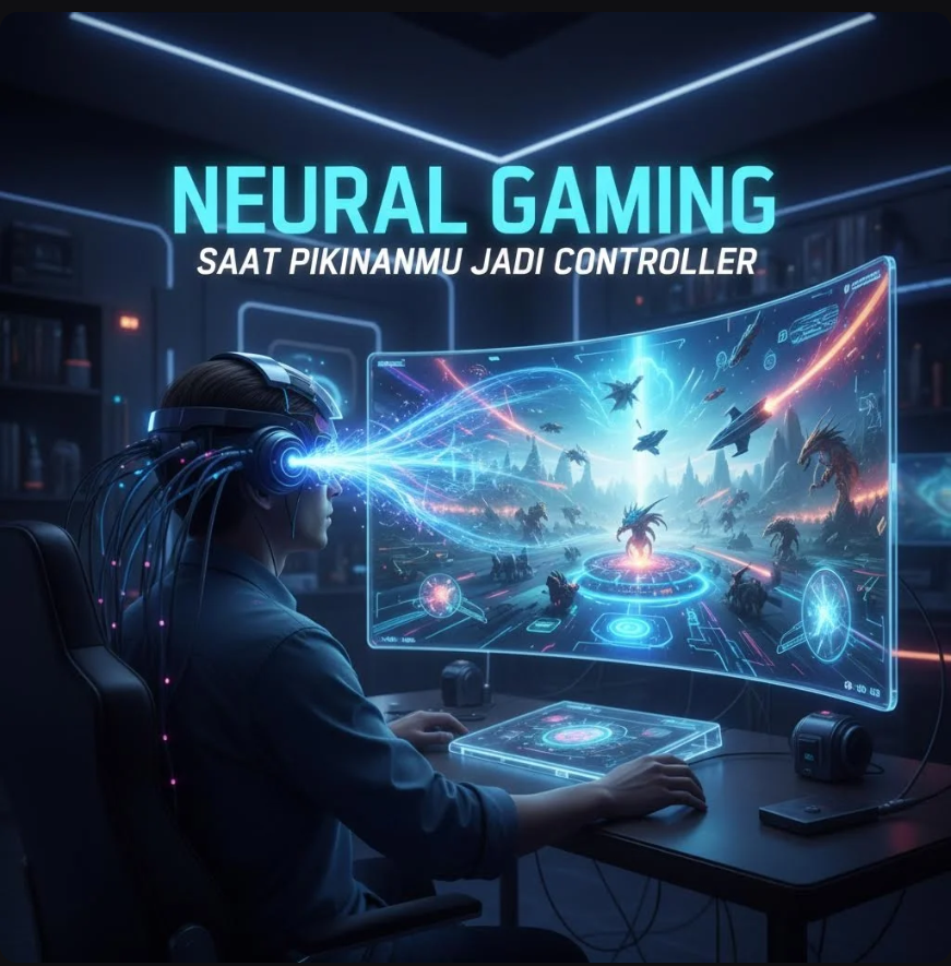Seorang gamer memakai neural headset futuristik yang terhubung ke komputer sambil mengontrol game dengan pikirannya