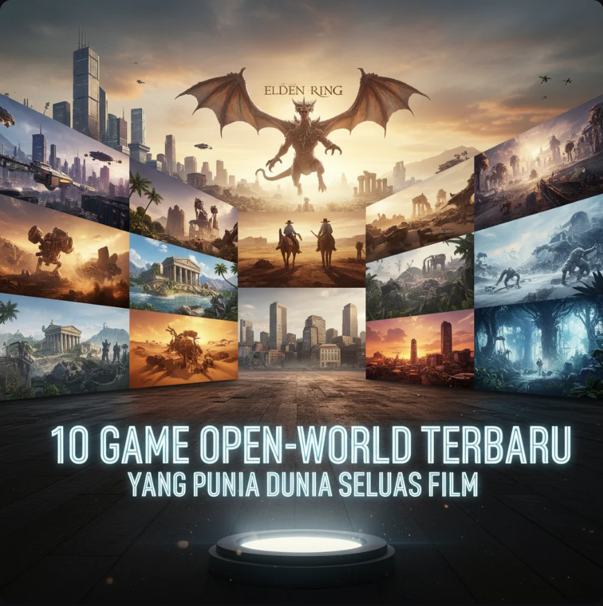 Kolase adegan game open-world terbaru: karakter menjelajahi padang gurun fantasi, kota luar angkasa Star Wars, dan dunia voxel sci-fi.