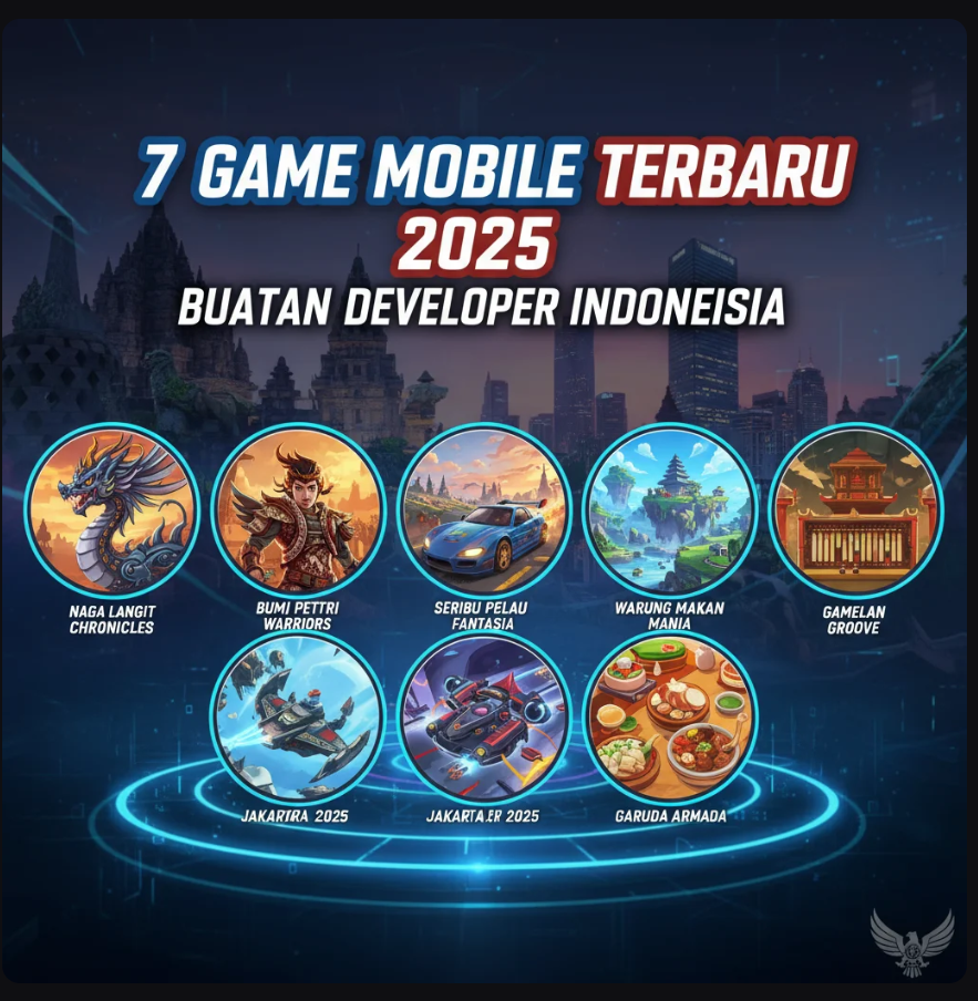 Kolase tujuh game mobile buatan Indonesia tahun 2025 dengan tampilan karakter, mecha futuristik, dan latar budaya Nusantara.