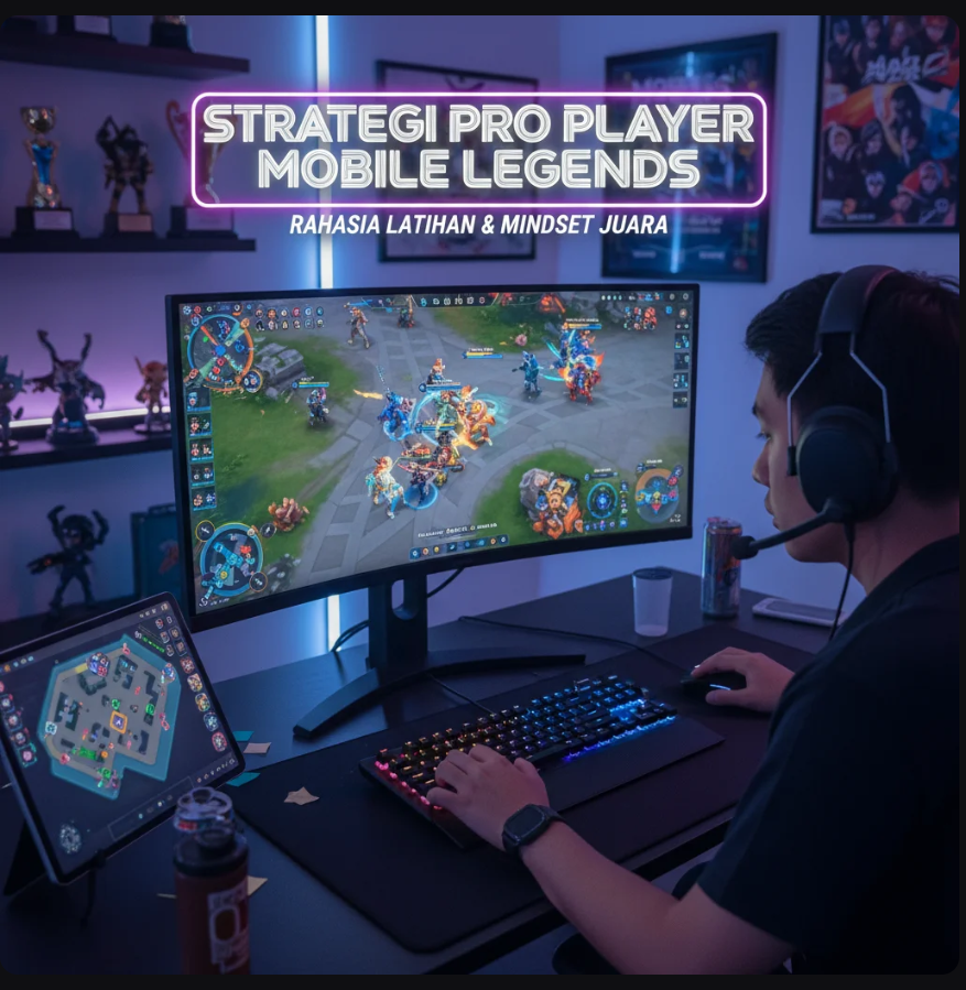 Tim eSports Mobile Legends berlatih di ruang gaming dengan layar dan strategi di papan digital.