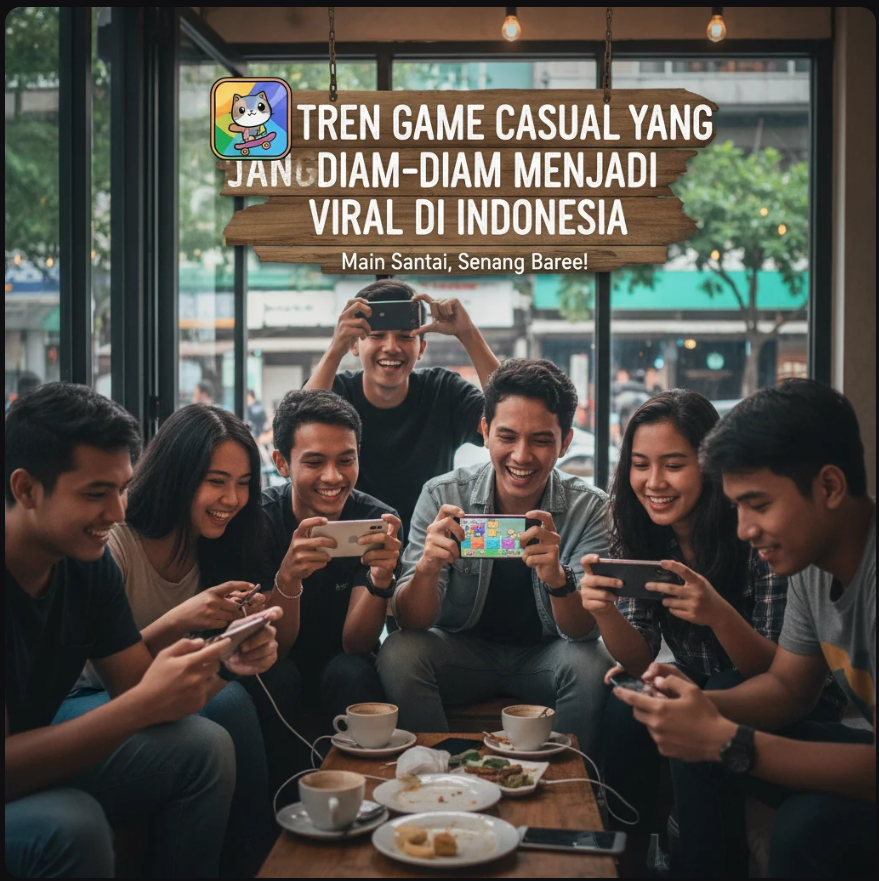 Ilustrasi berbagai game casual di layar smartphone dengan tampilan cerah dan ikon sederhana.
