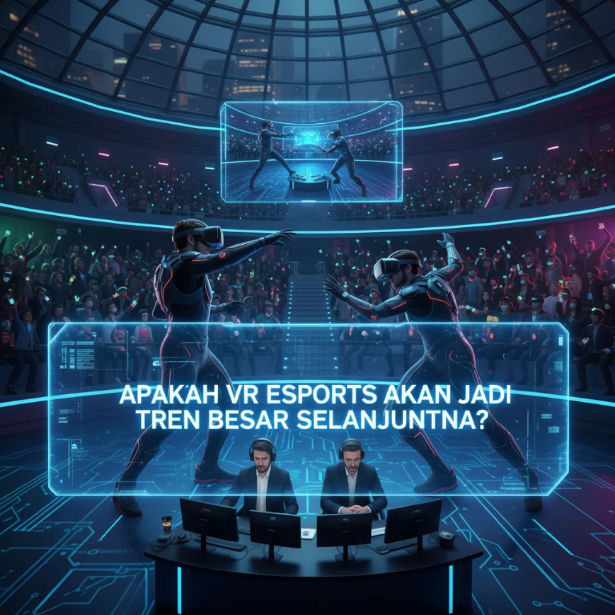 Pemain memakai headset VR di arena esports futuristik dengan lampu neon dan penonton virtual.