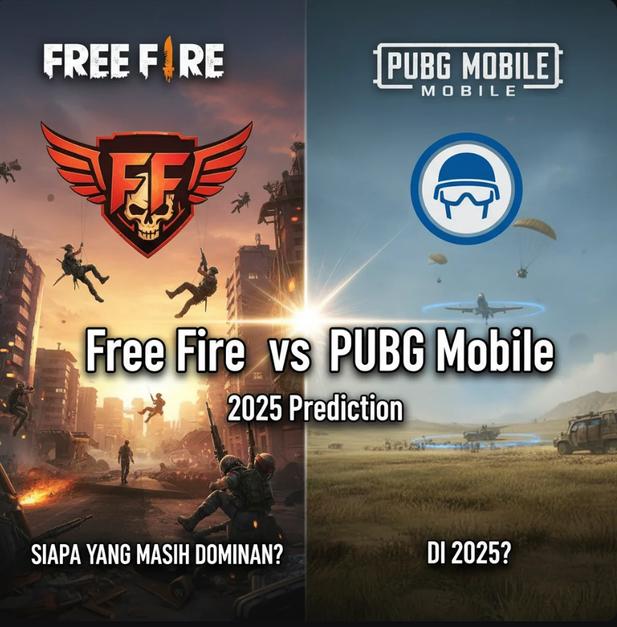 Ilustrasi karakter Free Fire dan PUBG Mobile saling berhadapan dengan latar battle royale futuristik.