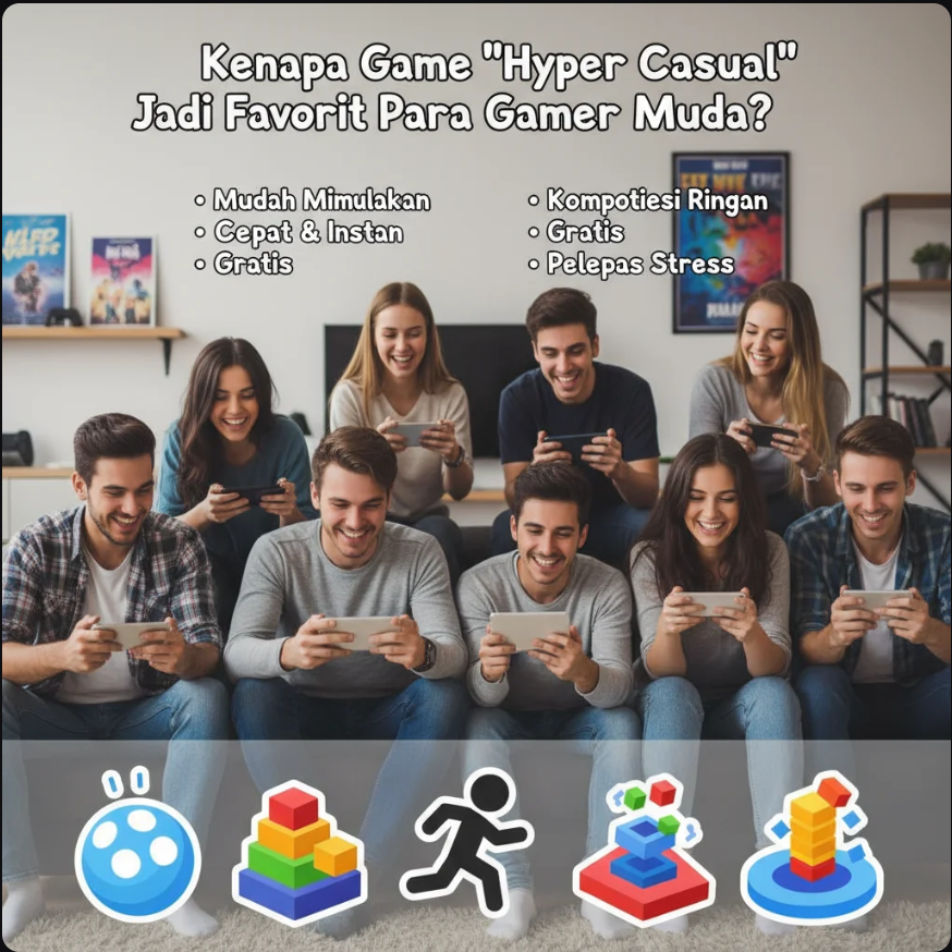 Ilustrasi game hyper casual berwarna cerah dengan karakter dan elemen gameplay sederhana.