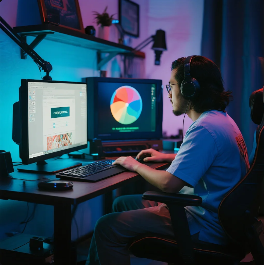 Seorang streamer Indonesia sedang live dengan setup profesional dan lighting modern.