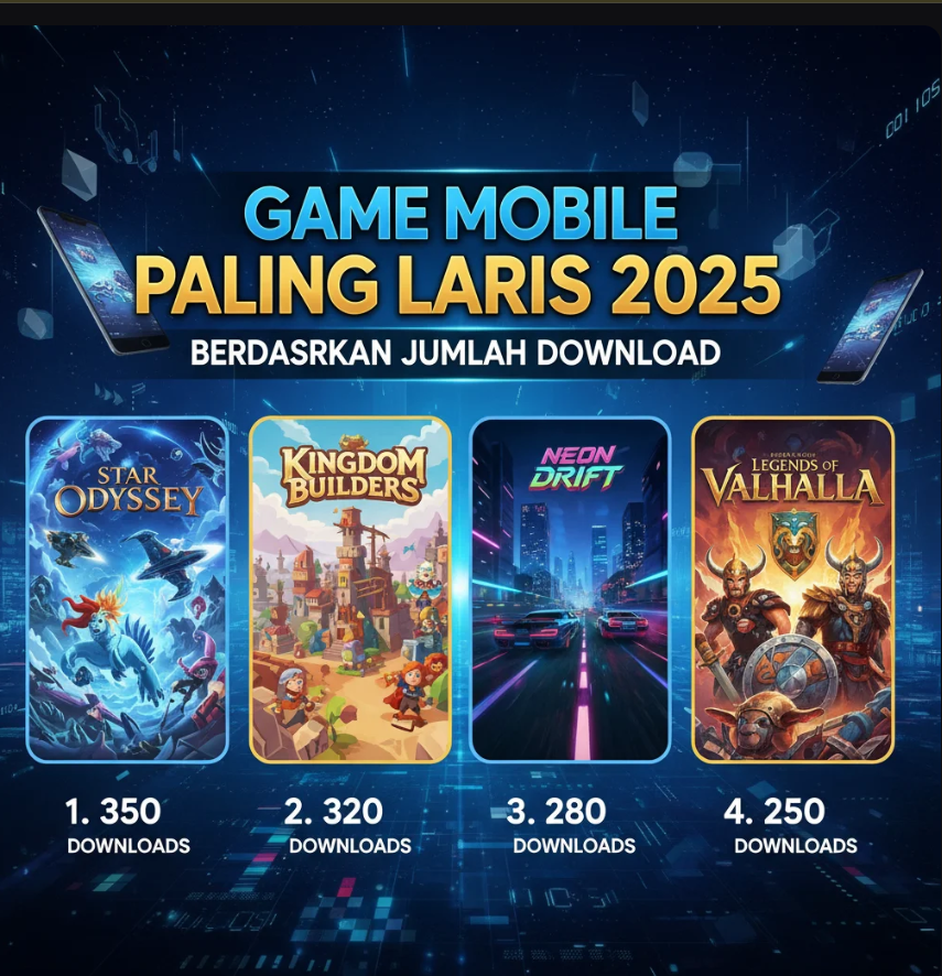 Ilustrasi ikon berbagai game mobile populer dengan grafik unduhan global yang melonjak di latar belakang.
