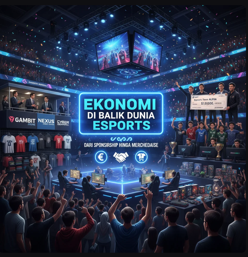 Ilustrasi ekonomi esports dengan ikon sponsorship, merchandise, dan turnamen arena.