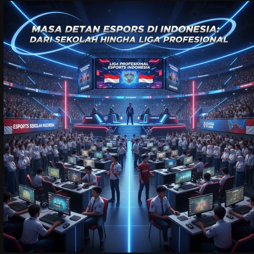 Pemain esports Indonesia bertanding di arena digital dengan pencahayaan biru futuristik dan layar besar.