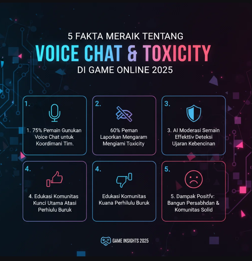 Ilustrasi gamer menggunakan headset dengan sistem voice chat modern dan AI moderasi di layar.