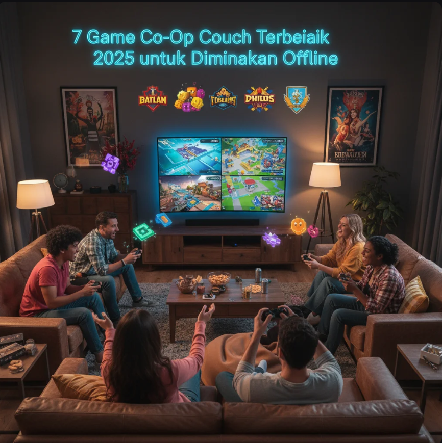 Empat orang bermain game co-op di ruang tamu dengan layar besar dan controller di tangan.