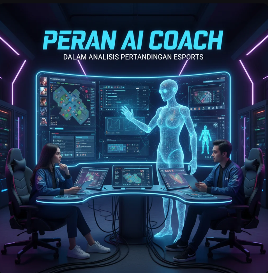 Dashboard AI menganalisis pertandingan esports dengan grafik data dan strategi tim.