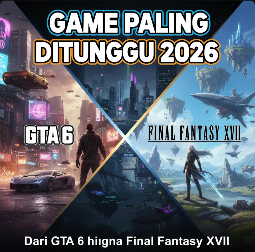 Kolase karakter dari GTA 6 dan Final Fantasy XVII di dunia virtual futuristik.