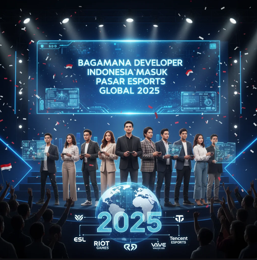 Tim developer game Indonesia sedang berdiskusi di studio modern dengan latar turnamen esports internasional di layar besar.