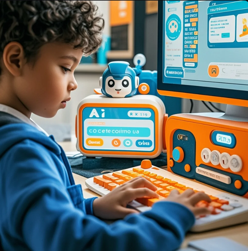 Anak dan remaja bermain game edukasi koding di tablet, dengan visual blok kode dan karakter robot AI.