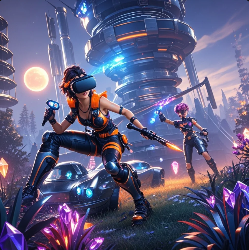 Gamer memakai headset VR menjelajahi dunia fantasi RPG dengan pedang dan spell effects, terlihat seperti masuk ke dalam game