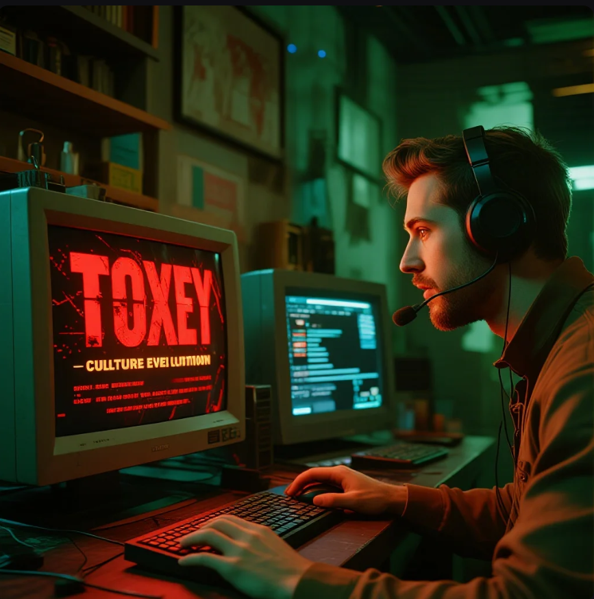 Ilustrasi komunitas game online: satu sisi toxic chat, sisi lain komunitas suportif dan ramah