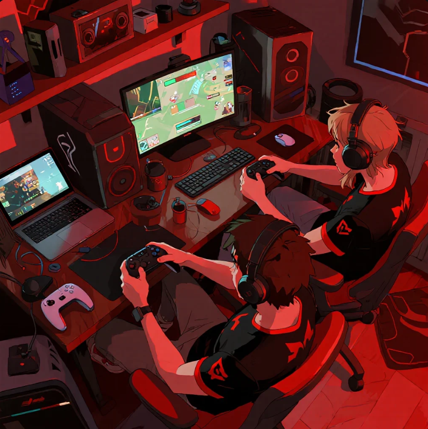 Pasangan gamer sedang streaming bersama di depan setup gaming RGB