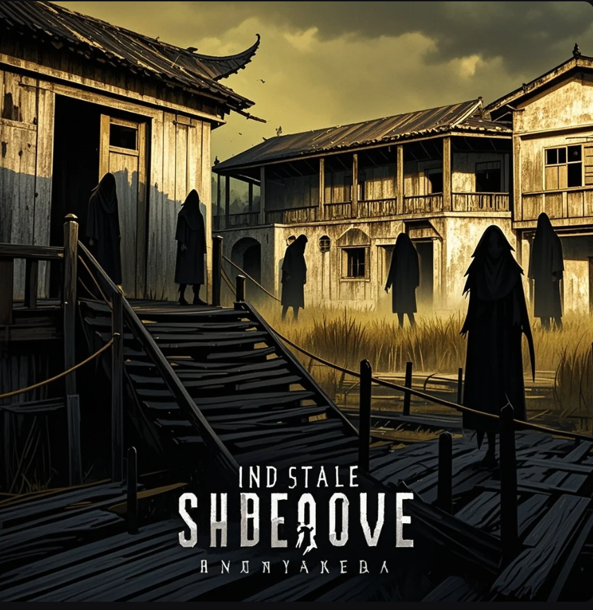 Seorang gamer memainkan game horor berlatar rumah tua khas Indonesia dengan pencahayaan remang dan nuansa mencekam